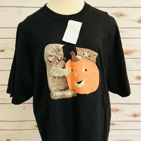 C PORT Women Short Sleeve Extra Large Cotton Cats Jack-O-Lantern Black T-Shirt - Picture 1 of 11